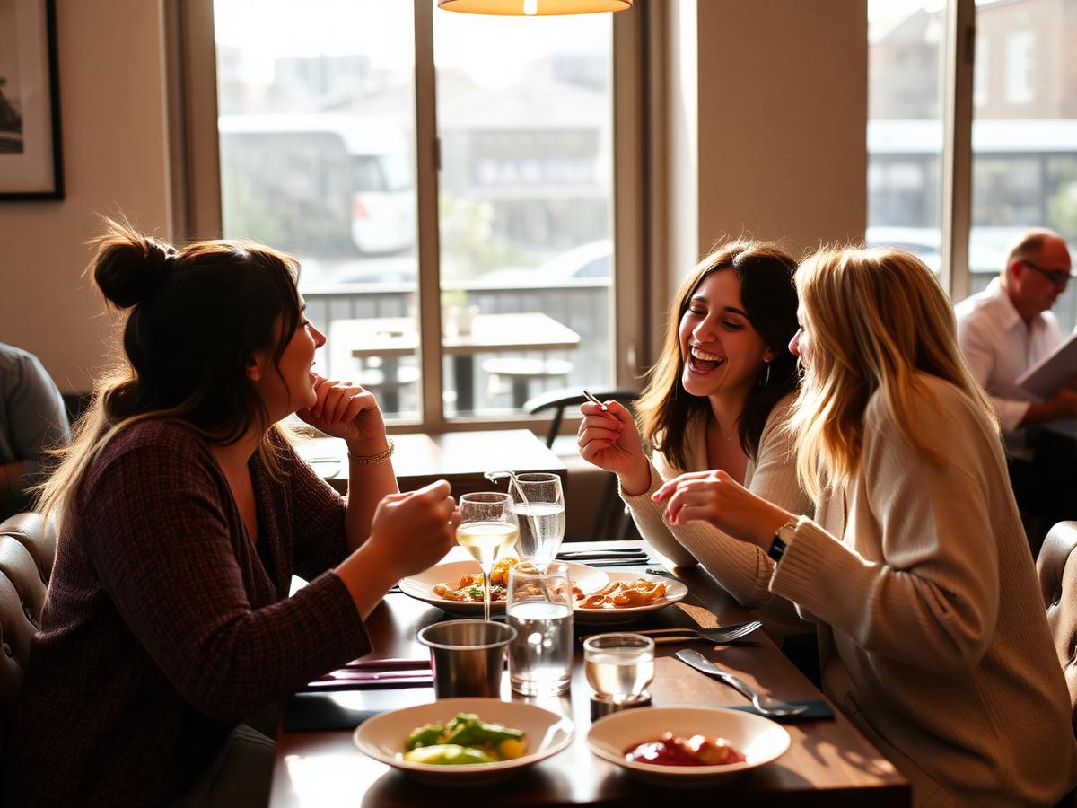 Amigos compartilhando pratos em uma mesa do restaurante
