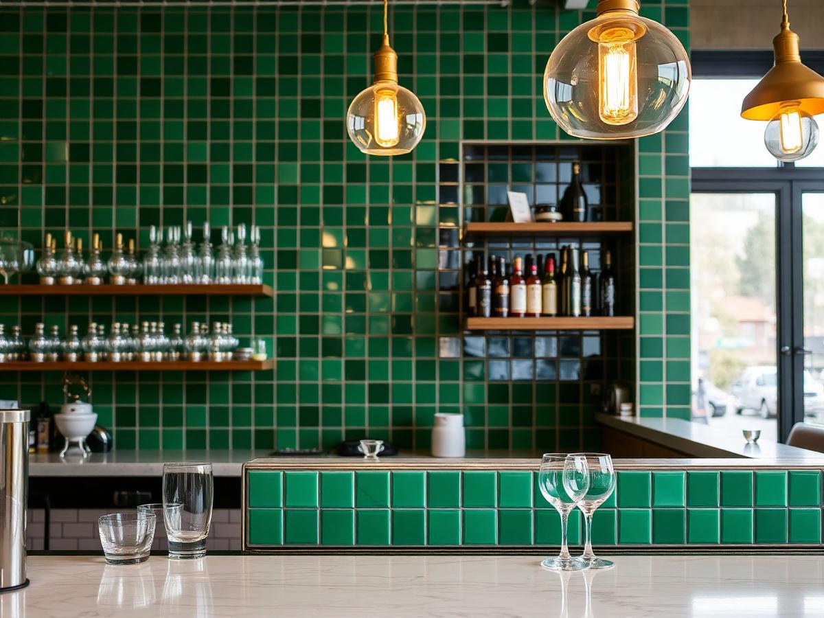 Balcão do bar com azulejos verdes e luminárias douradas